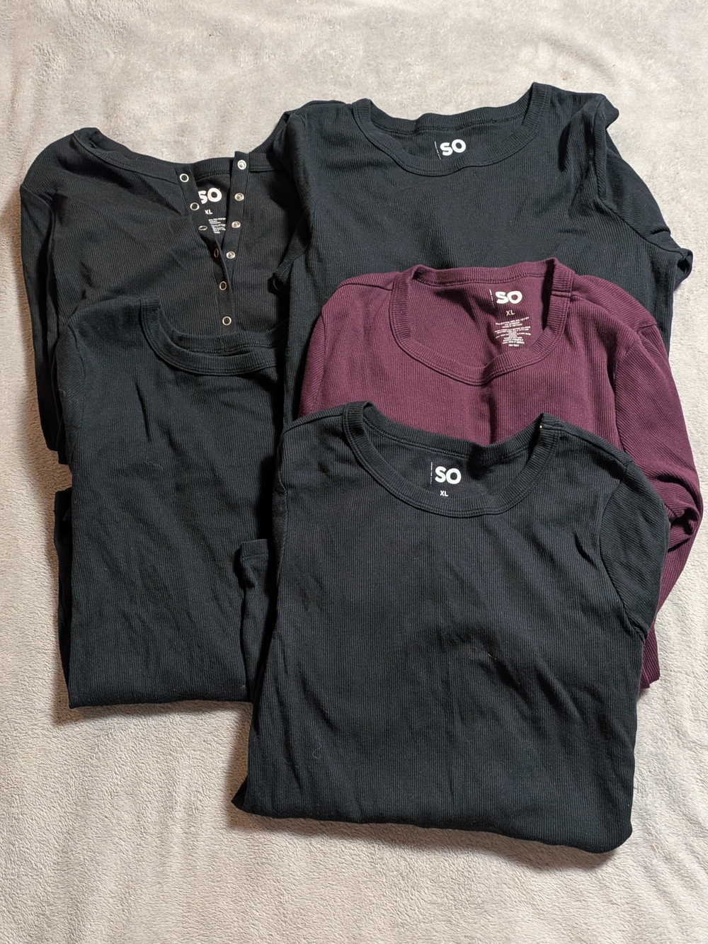 SO Ribbed Long Sleeve Tops Bundle - Black & Deep Plum